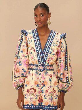 Farm Rio Romper Cream Beige/Multi Superbloom Tapestry V-Neckline NWT Womens S